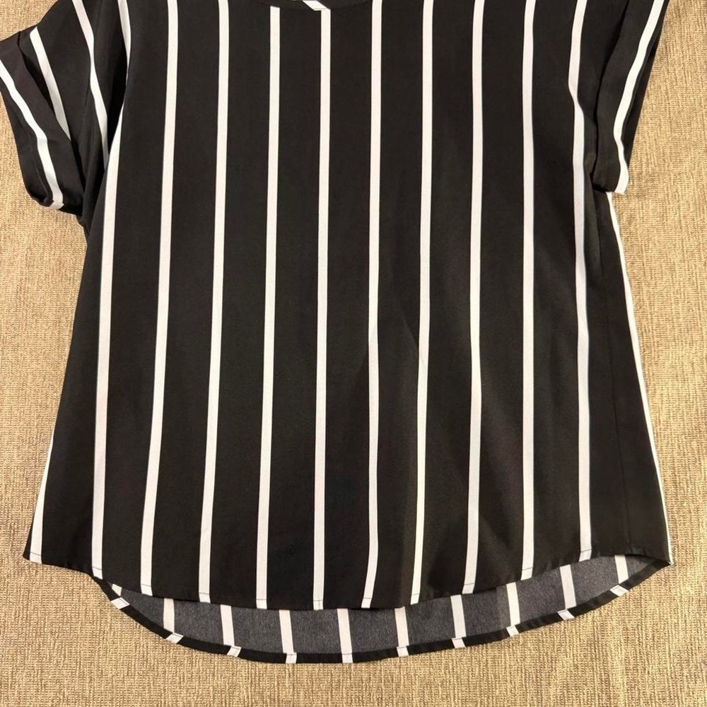 SHEIN Black and White Vertical Striped Cuffed Short Sleeve Blouse - Size S